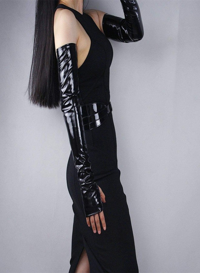 DooWay Opera Long Leather Fingless Gloves for Women Costume Party PU Arm Warmer 24 inches Shiny Black - Image 5